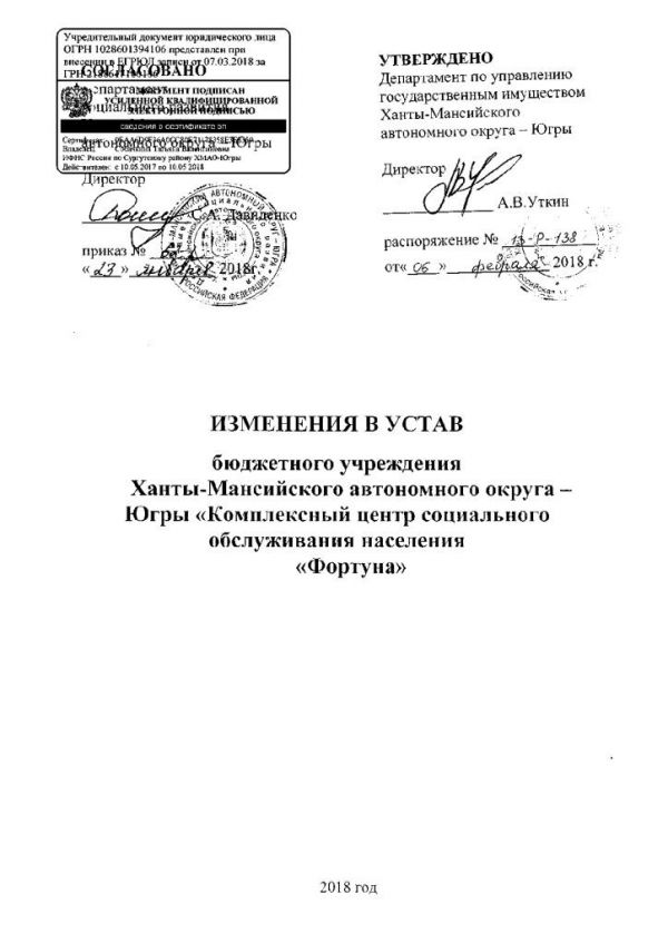 Изменения в Устав бюджетного учреждения Ханты-Мансийского автономного округа - Югры "Комплексный центр социального обслуживания населения "Фортуна"
